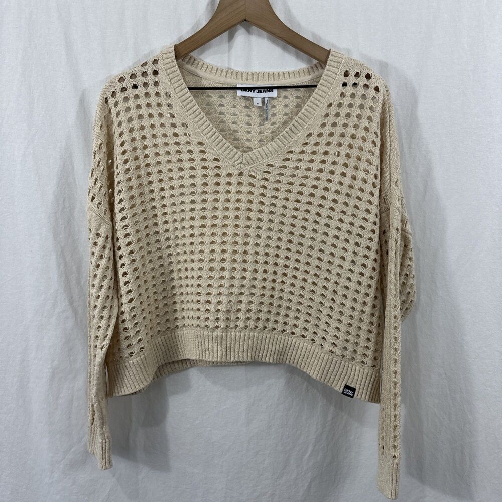 DKNY Cream Gold Shimmer Open Stitch Oversized Sweater Womens Sz M Beach